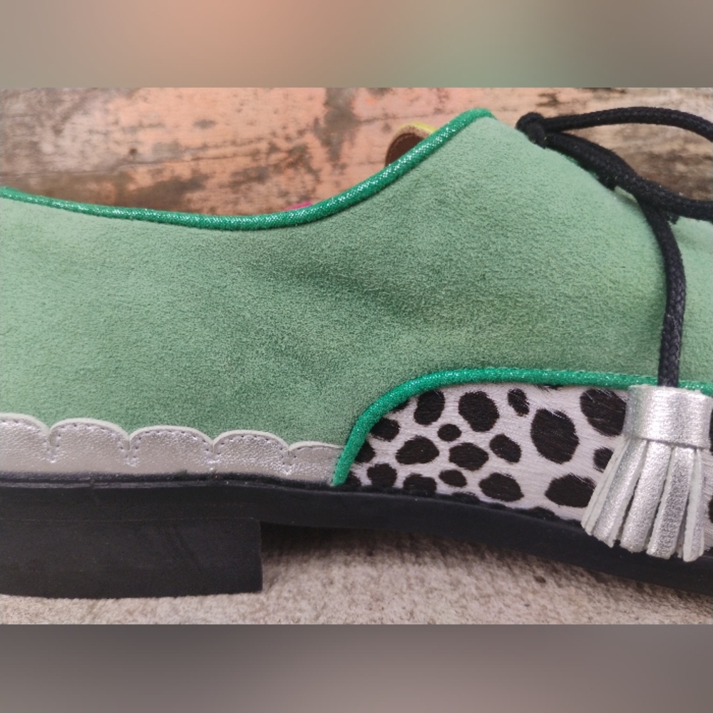 Green Multicolor Handmade Leather Suede Cow Print Oxford Fringe Shoes Size 6-8.5 - Picture 7 of 13